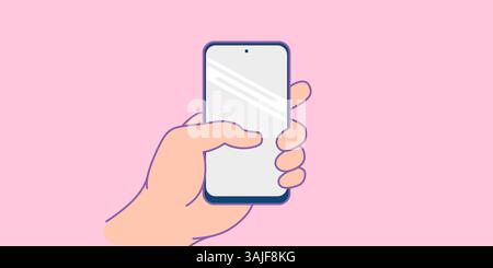 Illustrazione vettoriale piatta dello smartphone con la mano umana. Persone che gestiscono i cellulari. Schermo vuoto, mockup, applicazione sul dispositivo touch screen. Illustrazione Vettoriale