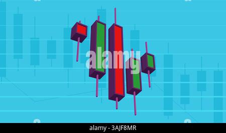 Grafico Candlestick, grafico vettoriale tridimensionale di un grafico finanziario Candlestick. Concetto di trading online o trading di robot. Illustrazione Vettoriale