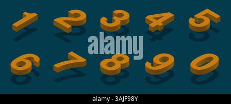 Set di numeri 3D. Design isometrico moderno per numeri da 0 a 9. Illustrazione Vettoriale