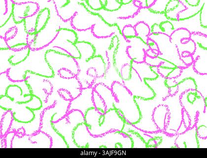 Motivo senza cuciture con linee di gesso doodle. Il moderno tratto verde rosa acido squilla disegnato da una matita di cera su lavagna bianca. Vettoriale divertente colorato Illustrazione Vettoriale