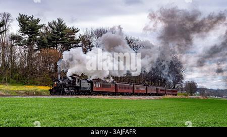 Una locomotiva a vapore si muove lungo una pista di campagna, rilasciando raffiche di fumo su uno sfondo di vegetazione lussureggiante e cieli ricoperti. I passeggeri si godranno un viaggio nostalgico. Foto Stock