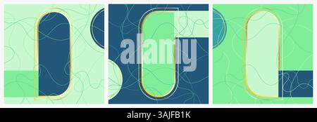 Poster dalle forme geometriche astratte e dai toni verdi in stile medio-moderno. Dipinti astratti. Serie di illustrazioni vettoriali. Elementi di progettazione. Illustrazione Vettoriale