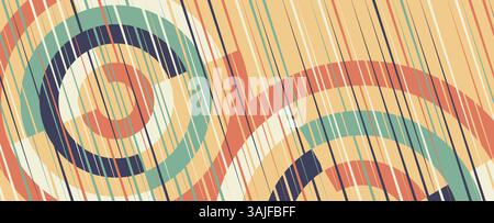 Sfondo vettoriale astratto con una composizione dinamica di linee curve e forme geometriche in una tavolozza di colori retrò. Cerchi sovrapposti e verticali. Illustrazione Vettoriale
