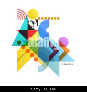 Composizione artistica. Sfondo geometrico trasparenza astratta. Testa umana digitale che si costruisce a partire da cubi. Modello di design della copertina per la presentazione, divieto Illustrazione Vettoriale