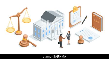 vettoriale isometrico ambientato sul tema del tribunale e della legge, a colori su sfondo bianco, scale e martelletto di un giudice con libri e documenti, così come il Illustrazione Vettoriale