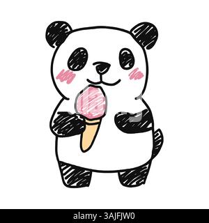 Un bel panda che mangia gelato. Illustrazione vettoriale per bambini. Disegno di animali animati disegnati a mano Illustrazione Vettoriale