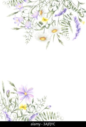 Cartolina floreale di fiori selvatici acquerelli camomilla, camomilla, campanile, bocconcino e erba prata isolata dallo sfondo con spazio copia, A4. Disegnato a mano Foto Stock