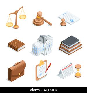 vettoriale isometrico ambientato sul tema del tribunale e della legge, a colori su sfondo bianco, scale e martelletto di un giudice con libri e documenti, così come il Illustrazione Vettoriale