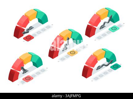 set vettoriale isometrico di scale di umore, a colori su sfondo bianco, scala con freccia ed emoticon Illustrazione Vettoriale