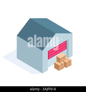 magazzino e scatole isometriche, a colori su sfondo bianco, noleggio o stoccaggio di magazzino Illustrazione Vettoriale