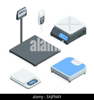 set vettoriale isometrico di scale, a colori su sfondo bianco, grandi bilance di magazzino e anche per negozi o mercati e abitazioni Illustrazione Vettoriale