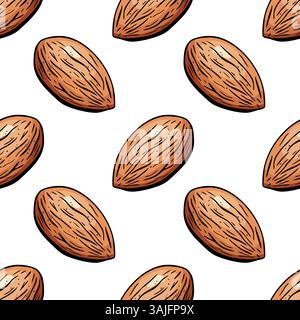 Motivo di mandorla colorata senza cuciture in stile inciso disegnato a mano, ideale per stampe, confezioni e sfondi di menu legati al cibo. Illustrazione Vettoriale