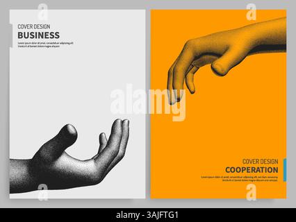 Modello per un invito a un evento aziendale, a una conferenza o a un workshop. Mani che si avvicinano l'una all'altra. Concetto di relazione umana, insieme o. Illustrazione Vettoriale