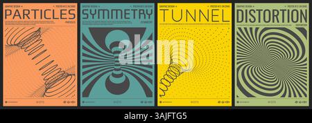 Tunnel. Superficie griglia 3D. Sfondo astratto costituito da linee distorte o particelle dinamiche. Pattern con illusione ottica. Strisce psichedeliche. Coperchio d Illustrazione Vettoriale