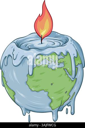 Pianeta Terra a forma di candela con fuoco che scioglie. Temperature globali in aumento. Illustrazione vettoriale disegnata a mano. Illustrazione Vettoriale