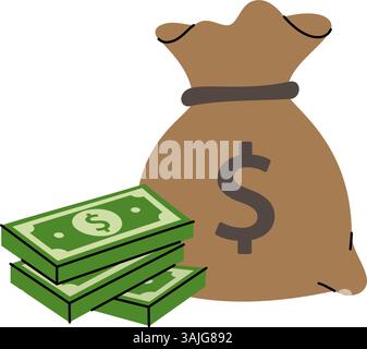 Saccheggia i soldi con le banconote da un dollaro. Aumento del grafico investimenti aziendali e utili. Illustrazione vettoriale. Illustrazione Vettoriale