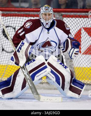 18 novembre 2009 - Calgary, Alberta, Canada - foto del profilo del giocatore NHL sul portiere dei Colorado Avalanche Craig Anderson durante una partita recente a Calgary. (Immagine di credito: © Larry MacDougal via ZUMA Wire) Foto Stock