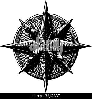 Incisione vintage a forma di bussola rosa per il design nautico e i temi della navigazione. Illustrazione Vettoriale