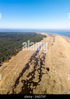 Vista aerea dal drone della riserva naturale nazionale di Tentsmuir nel nord-est di Fife, Scozia, Regno Unito Foto Stock