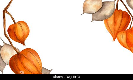 Bulbi di Physalis e semi di lunaria cornice botanica orizzontale autunnale. Scendi in una calda e accogliente illustrazione ad acquerello su sfondo scuro. Cartolina stagionale Foto Stock