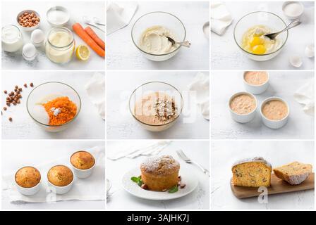 Guida passo-passo alla torta di semola di carote fatta in casa, mannik con noci, collage di ingredienti crudi per mescolare la pastella e cuocerla in caminetti Foto Stock