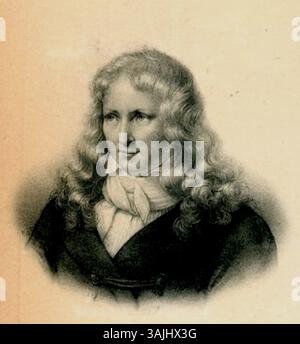 Un'incisione di Jacques Henri Bernardin de Saint-Pierre, che mostra lo scrittore e filosofo francese. Questa stampa, creata nel 1795, è stata utilizzata come parte di una cartella di documenti e contiene note dettagliate sulla sua vita e sul suo lavoro. Foto Stock