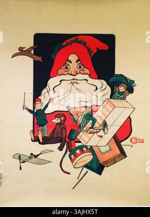 Un poster litografico per una pubblicità di Babbo Natale, disegnato da Teddy Saunier prima del 1914. Stampata a Parigi, questa immagine festosa cattura l'essenza gioiosa del Natale, mostrando Babbo Natale in una rappresentazione iconica. Foto Stock