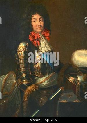 Questo ritratto del XVII secolo, attribuito alla Scuola francese, mostra Luigi XIV in armatura completa. Conosciuto come il Re Sole, l'immagine di Luigi XIV come leader militare e politico è enfatizzata attraverso la rappresentazione della sua armatura reale e del suo status nobile. Foto Stock