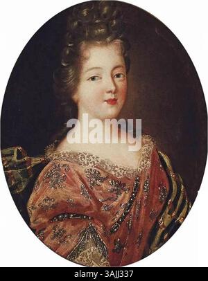 Il ritratto, attribuito a un seguace di Pierre Gobert, raffigura una signora in un abito ricamato rosso e scialle verde. Il dipinto, della fine del XVII secolo, fa parte di una collezione non identificata e mostra l'abbigliamento alla moda del periodo. Foto Stock