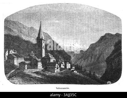 Un'incisione di Édouard Aubert prima del 1877, raffigurante Valtournenche, una valle dell'Aosta. La stampa mostra lo splendido paesaggio naturale della valle e delle montagne circostanti. Foto Stock
