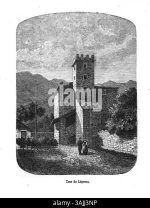 Un'incisione di Édouard Aubert prima del 1877, che mostra il "Tour du Lepreux" ad Aoste. Questa stampa raffigura la torre medievale, storicamente associata alle pratiche di quarantena della lebbra nella regione. Foto Stock