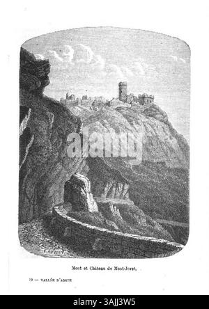Questa incisione di Édouard Aubert, risalente a prima del 1877, raffigura Mont-Jovet e il suo castello, illustrando il collegamento tra il paesaggio naturale e l'architettura storica delle Alpi francesi. Foto Stock