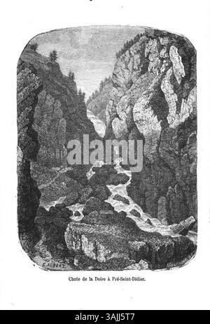 Un'incisione di Édouard Aubert prima del 1877, raffigurante la cascata "Chute de la Doire" vicino a Pré-Saint-Didier in Valle d'Aosta. La stampa cattura la bellezza naturale della cascata e del paesaggio circostante. Foto Stock