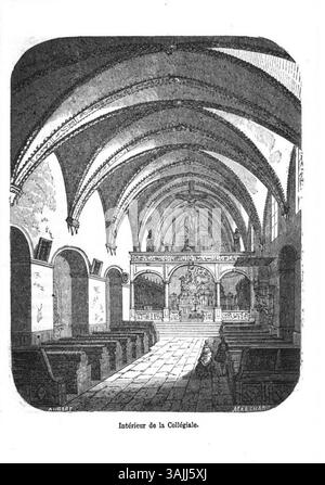Questa incisione di Édouard Aubert, risalente a prima del 1877, illustra l'interno della Collegiata di Aosta, catturandone le caratteristiche architettoniche e il significato storico. Foto Stock