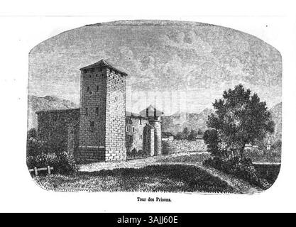 Un'incisione di Édouard Aubert prima del 1877, raffigurante il "Tour des Prisons" di Aoste. Questa stampa architettonica cattura la storica torre della prigione situata nella città di Aoste, mostrando il design e le strutture del XIX secolo della regione. Foto Stock