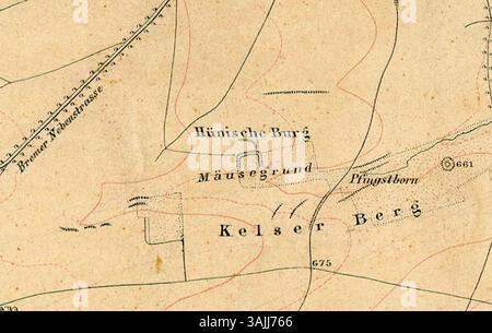 Una mappa storica della serie «Kurfürstenthum Assia», che mostra la posizione del Hünscheburg (Hünische Burg) vicino a Hofgeismar. La mappa è un'indagine topografica creata tra il 1840 e il 1861, che indica il terreno e le strutture con una scala 1:25.000. Foto Stock