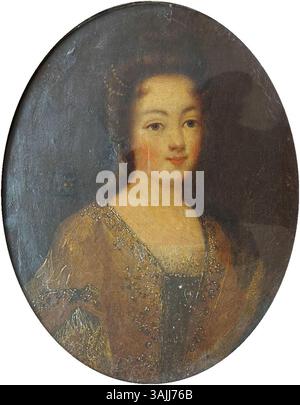 Questo ritratto del XVII/XVIII secolo, attribuito a un seguace di Pierre Gobert, raffigura una nobildonna, forse Maria Adelaide di Savoia, moglie del duca di Borgogna e madre di Luigi XV. Il dipinto è realizzato in olio su tela e incorniciato in stile Luigi XVI. Foto Stock