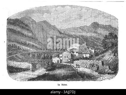 Questa incisione di Édouard Aubert, creata prima del 1877, raffigura la Balme, una località situata tra Pré-Saint-Didier e la Thuile, che mostra il paesaggio panoramico della regione. Foto Stock