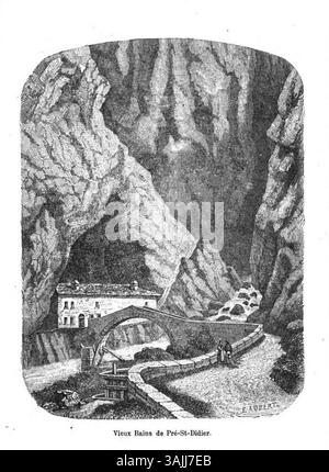 Un'incisione di Édouard Aubert prima del 1877, raffigurante il "Vieux Bains de Pré-Saint-Didier". La stampa mostra le storiche terme, un luogo popolare per il relax e la salute in Valle d'Aosta. Foto Stock