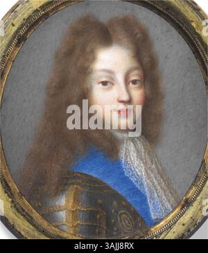Il ritratto di Luigi, Duca di Borgogna e futuro Delfino di Francia (1682-1712), dipinto da Jacques-Antoine Arlaud alla fine del XVII secolo, è una miniatura su pergamena. Mostra il nipote di Luigi XIV in abbigliamento regale. Foto Stock