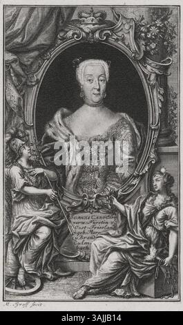 Questa incisione del XVIII secolo di Martin Tyroff presenta Sofia Carolina di Brandeburgo-Kulmbach, Principessa della Frisia Orientale. Il ritratto la raffigura in abito regale, con una parrucca legata, accessori gioiellati e un mantello di ermellino, racchiuso in una cornice ovale con elementi allegorici e un'iscrizione tedesca. Foto Stock