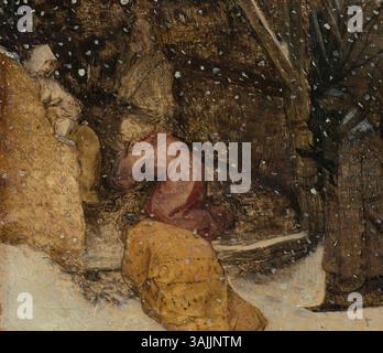 Questo dettaglio tratto dal dipinto del 1563 di Pieter Bruegel il Vecchio *l'Adorazione dei Magi nella neve* mostra l'ambientazione stabile del presepe, catturato in un paesaggio invernale innevato. Foto Stock