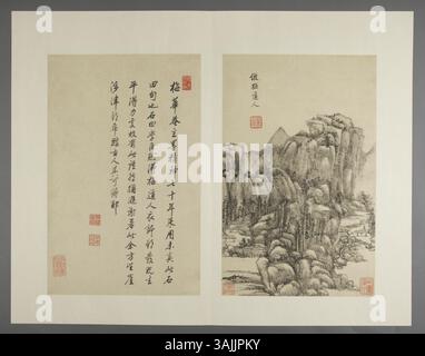 Questo dipinto di Wang Yuanqi (1642-1715) dall'album paesaggio del Museo del Palazzo illustra la sua abilità nel creare paesaggi tradizionali cinesi ispirati a antichi maestri. Foto Stock