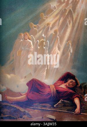 Illustrazione del sogno di Jacob mentre dorme Jacob ha un sogno da Dio vede gli Angeli salire e scendere una scala che raggiunge il cielo da P Foto Stock