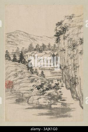 "Poetic Feeling of Tao Yuanming" di Shitao (1642-1707) è un album di dodici foglie, inchiostro e colori su carta, raffiguranti scene ispirate al poeta Tao Yuanming, che riflette lo stile unico di Shitao. Firmato con il sigillo dell'artista. Foto Stock