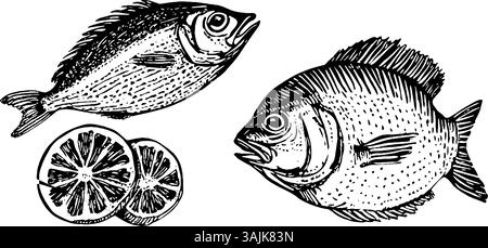 Illustrazione di due pesci, uno sul lato e uno verticale, accompagnati da limoni a fette. Lo stile è vintage e dettagliato, che mostra la consistenza delle scaglie di pesce. Illustrazione Vettoriale
