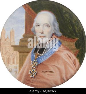 Questo ritratto in miniatura del 1821 di G. Noël raffigura il Cardinale de Talleyrand-Périgord, Arcivescovo di Parigi, che indossa l'ordine dello Spirito Santo. L'opera presenta dettagli raffinati, che ne evidenziano lo status e il prestigio. Foto Stock