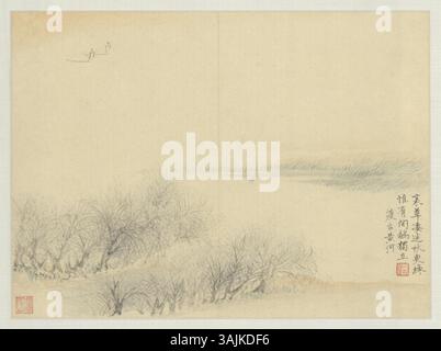 "Scenario di montagna" di Huang Yi (1744–1802) è un rotolo verticale con inchiostro su carta, raffigurante montagne, alberi, fiumi, barche, case, e persone, ogni montagna segnata individualmente. Firmato con due sigilli d'artista. Foto Stock