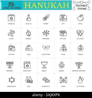 Hanukkah Icons Pack - pittogrammi di tratti vettoriali modificabili per celebrazione ebraica. Figura EPS10 Illustrazione Vettoriale