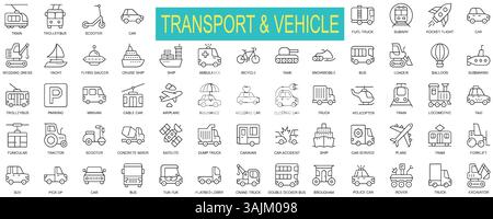 Set di icone linea veicolo e trasporto: Auto, navi, aerei e altro ancora. Pittogrammi della traccia vettoriale modificabili. Figura EPS10 Illustrazione Vettoriale